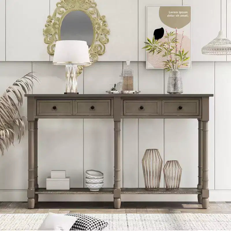 Okak 58IN Vintage Narrow Console Table, Entryway Table with Two Storage Drawers and Bottom Shelf, Accent Table for Living Room, Hallway