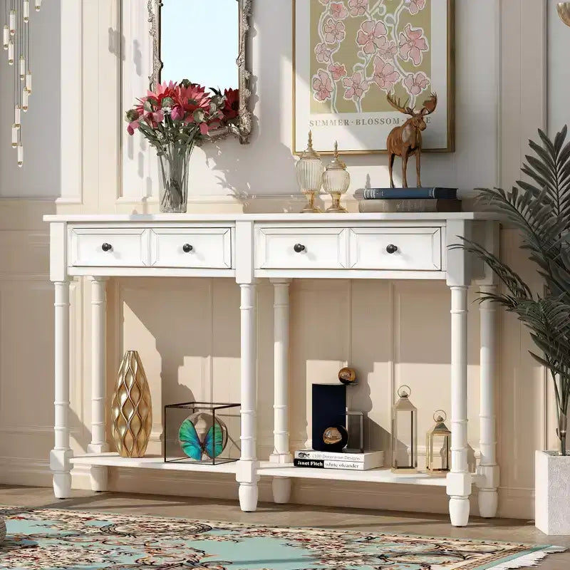 Okak 58IN Vintage Narrow Console Table, Entryway Table with Two Storage Drawers and Bottom Shelf, Accent Table for Living Room, Hallway