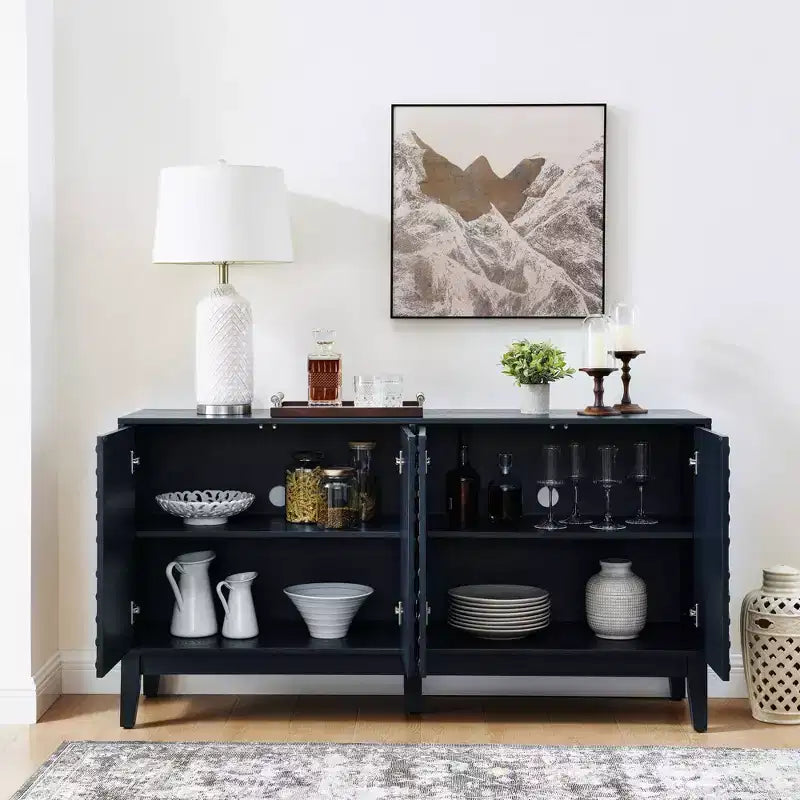 60 Storage Sideboard Cabinet with Geometric Pattern Doors & Adjustable Shelves, Modern Console Table TV Stand, Coffee Bar Buffet Table for Kitchen