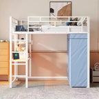 Okak 77.4IN Letto a soppalco in metallo matrimoniale/singolo con scrivania, struttura letto con ringhiere di sicurezza alte e armadio, letto singolo per camera da letto, dormitorio