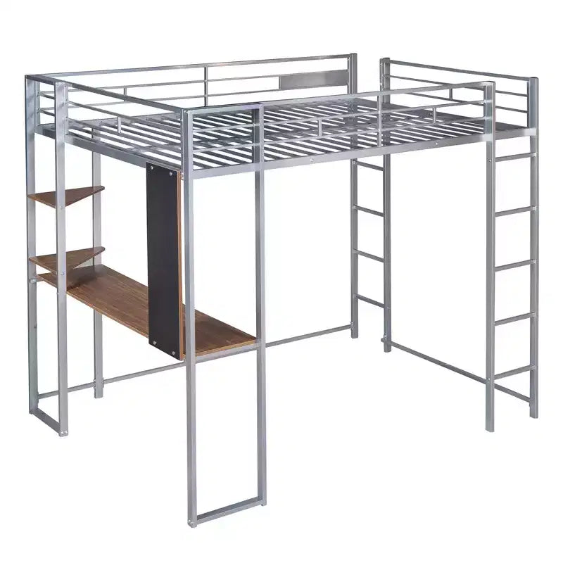 Letto a soppalco in metallo di dimensioni complete da 79,5 pollici con 2 scale, telaio letto con scrivania, 2 ripiani e ringhiere di sicurezza, letto a castello per camera da letto, dormitorio