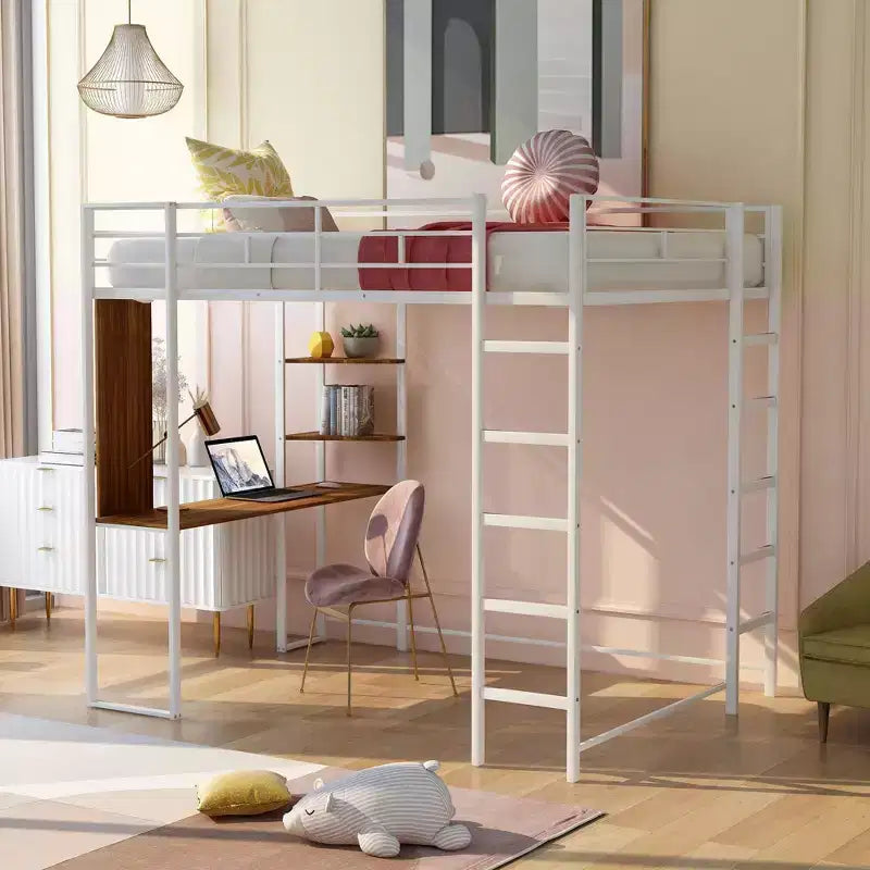 Letto a soppalco in metallo di dimensioni complete da 79,5 pollici con 2 scale, telaio letto con scrivania, 2 ripiani e ringhiere di sicurezza, letto a castello per camera da letto, dormitorio
