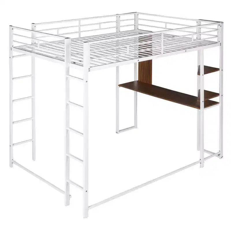 Letto a soppalco in metallo di dimensioni complete da 79,5 pollici con 2 scale, telaio letto con scrivania, 2 ripiani e ringhiere di sicurezza, letto a castello per camera da letto, dormitorio