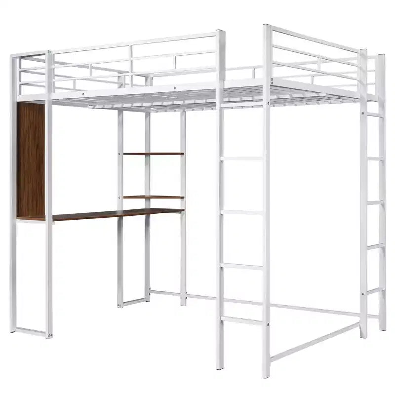 Letto a soppalco in metallo di dimensioni complete da 79,5 pollici con 2 scale, telaio letto con scrivania, 2 ripiani e ringhiere di sicurezza, letto a castello per camera da letto, dormitorio