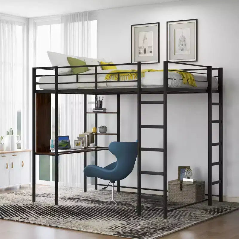 Letto a soppalco in metallo di dimensioni complete da 79,5 pollici con 2 scale, telaio letto con scrivania, 2 ripiani e ringhiere di sicurezza, letto a castello per camera da letto, dormitorio