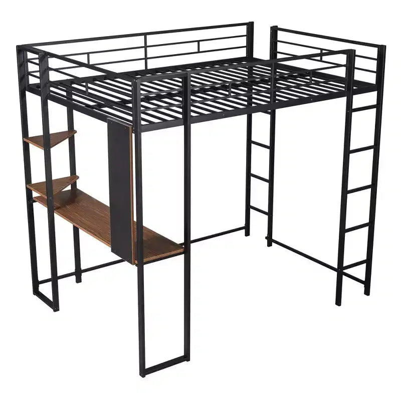 Letto a soppalco in metallo di dimensioni complete da 79,5 pollici con 2 scale, telaio letto con scrivania, 2 ripiani e ringhiere di sicurezza, letto a castello per camera da letto, dormitorio