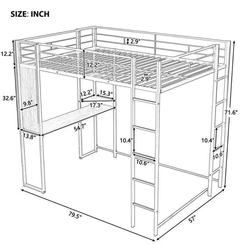 Letto a soppalco in metallo di dimensioni complete da 79,5 pollici con 2 scale, telaio letto con scrivania, 2 ripiani e ringhiere di sicurezza, letto a castello per camera da letto, dormitorio