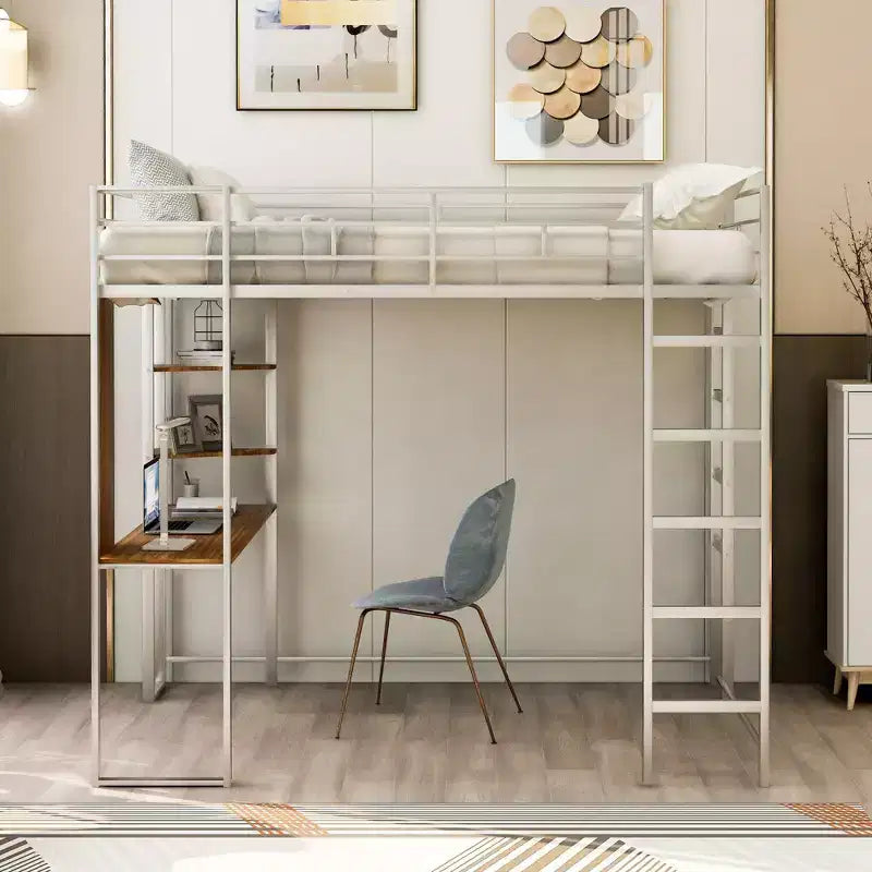 Letto a soppalco in metallo di dimensioni complete da 79,5 pollici con 2 scale, telaio letto con scrivania, 2 ripiani e ringhiere di sicurezza, letto a castello per camera da letto, dormitorio