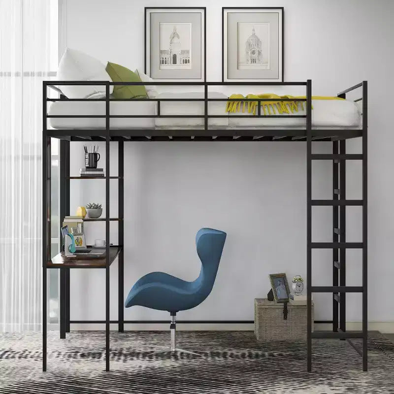 Letto a soppalco in metallo di dimensioni complete da 79,5 pollici con 2 scale, telaio letto con scrivania, 2 ripiani e ringhiere di sicurezza, letto a castello per camera da letto, dormitorio