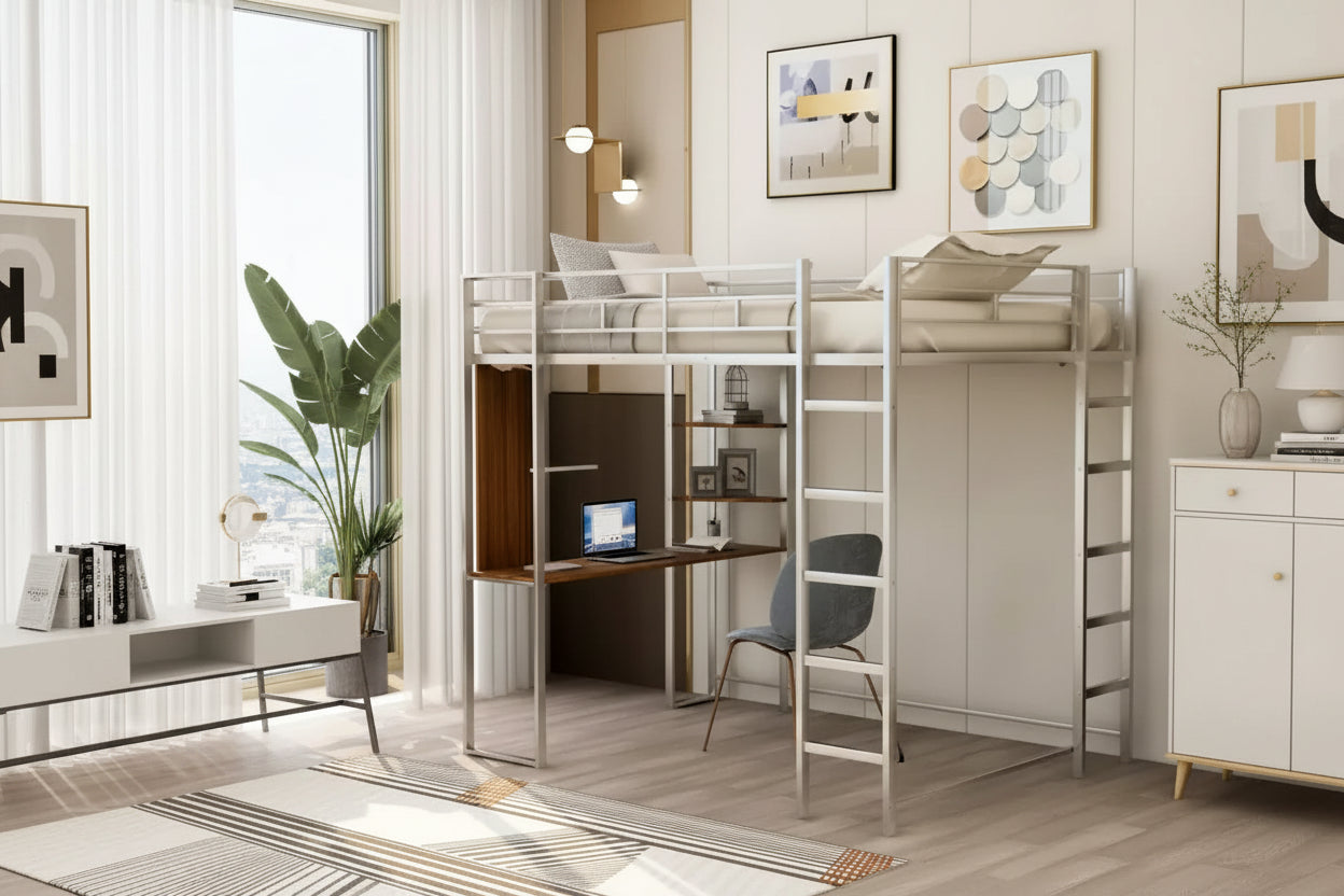 Okak 79.5IN Full Size Metal Loft Bed with 2 Ladders, Bed Frames With Desk, 2 Shelves and Safety Guardrails, Bunk Bed for Bedroom, Dormitory