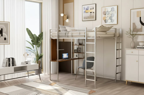 Okak 79.5IN Full Size Metal Loft Bed with 2 Ladders, Bed Frames With Desk, 2 Shelves and Safety Guardrails, Bunk Bed for Bedroom, Dormitory