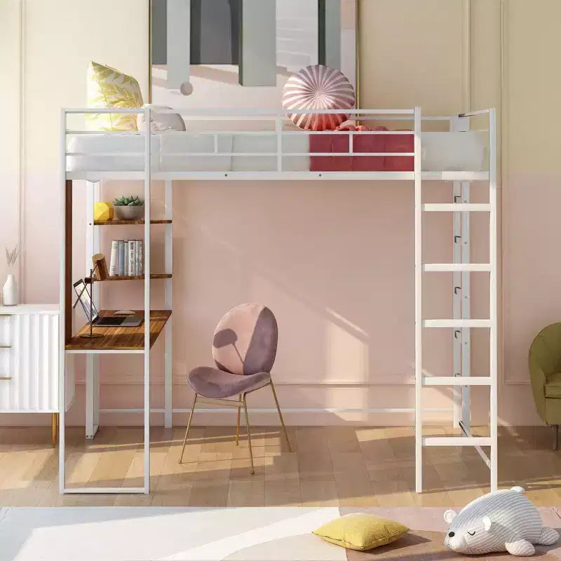 Letto a soppalco in metallo di dimensioni complete da 79,5 pollici con 2 scale, telaio letto con scrivania, 2 ripiani e ringhiere di sicurezza, letto a castello per camera da letto, dormitorio