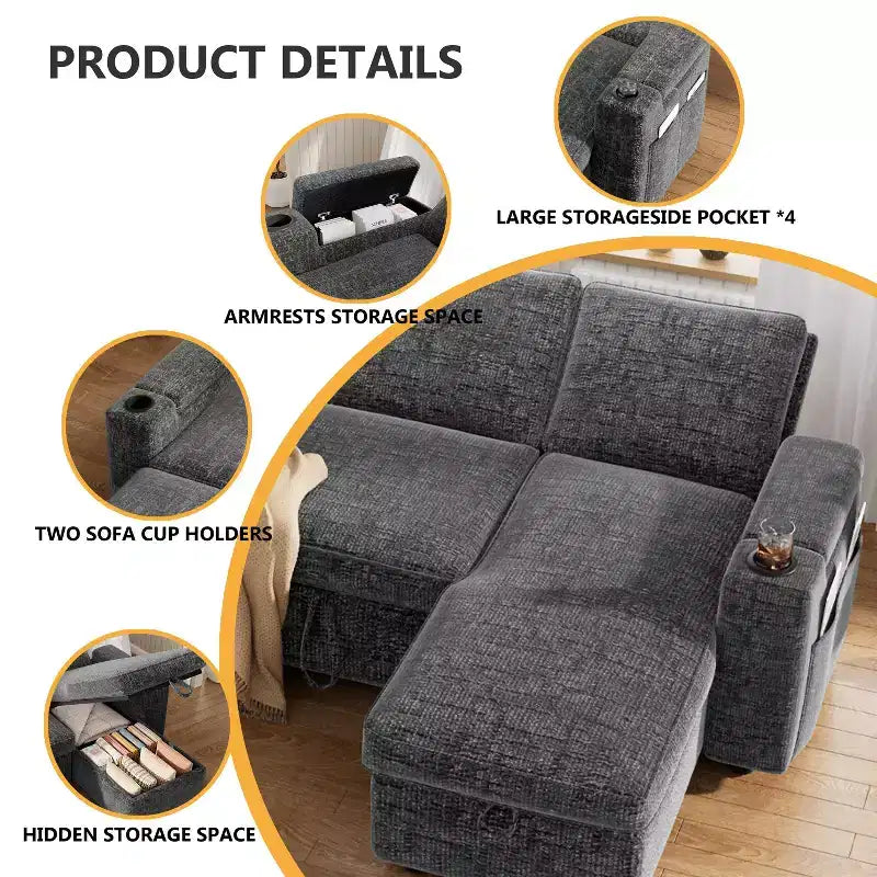 81-inch convertible sofa, with built-in cup holders and storage compartments in the armrests, hidden drawers, and a movable empress position