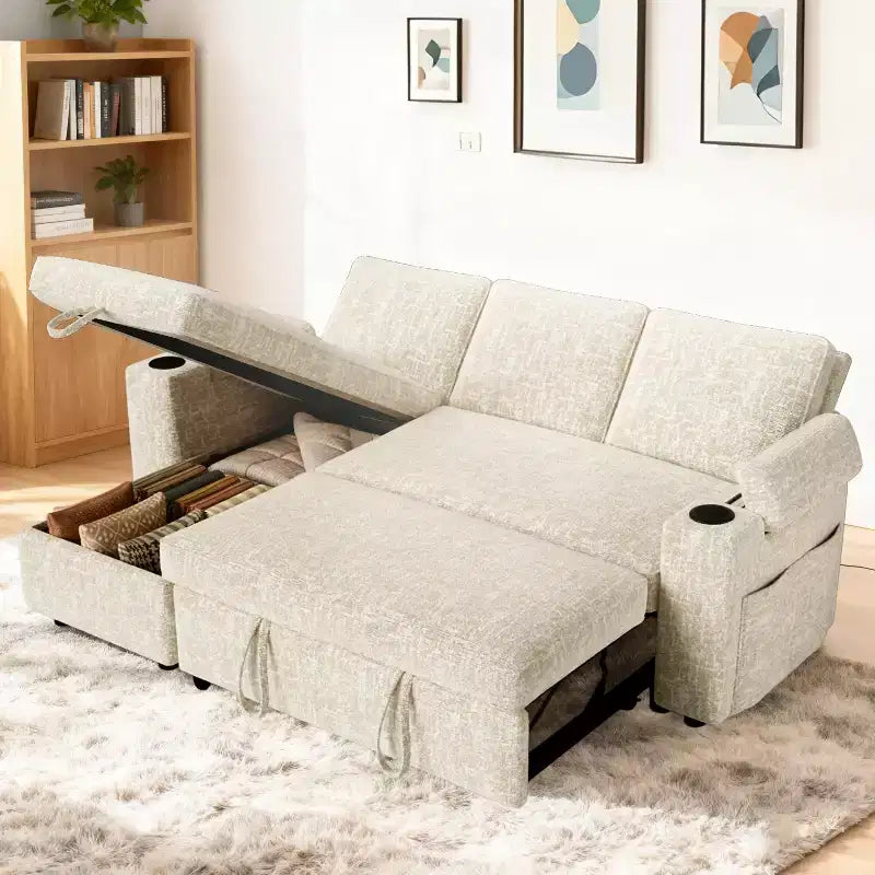 Dyonery 81-inch convertible sofa, with built-in cup holders and storage compartments in the armrests, hidden drawers, and a movable empress position