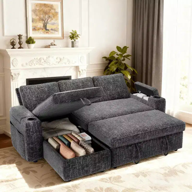 81-inch convertible sofa, with built-in cup holders and storage compartments in the armrests, hidden drawers, and a movable empress position