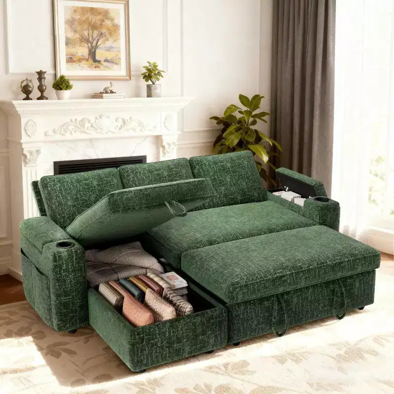81-inch convertible sofa, with built-in cup holders and storage compartments in the armrests, hidden drawers, and a movable empress position