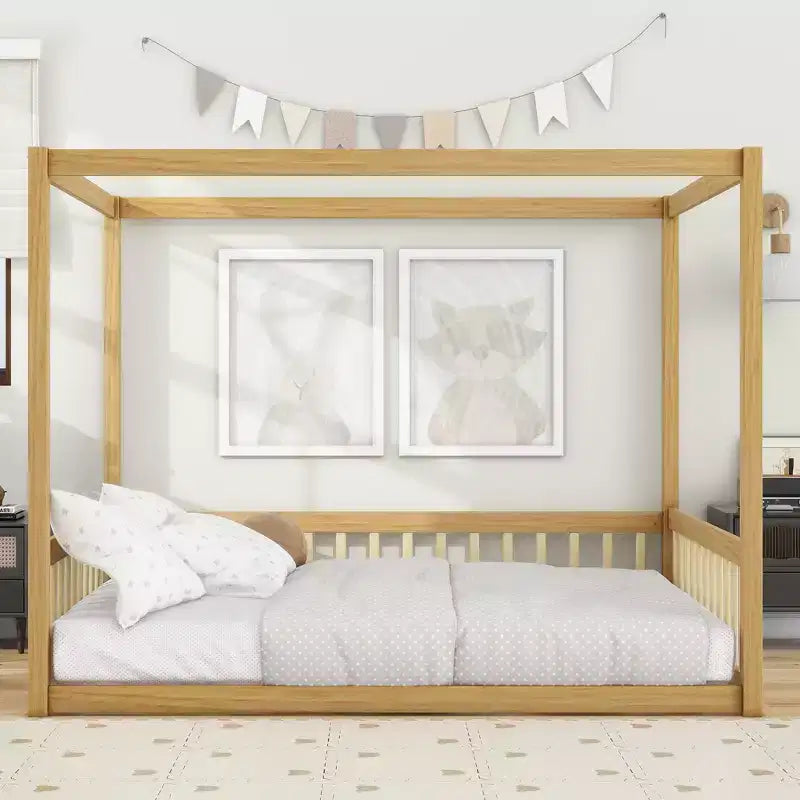 Clihome Full Size Canopy Frame Rubber Wood Floor Bed with Fence,Guardrails