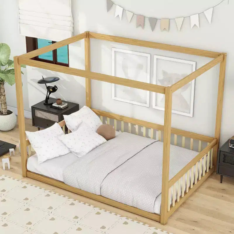 Clihome Full Size Canopy Frame Rubber Wood Floor Bed with Fence,Guardrails