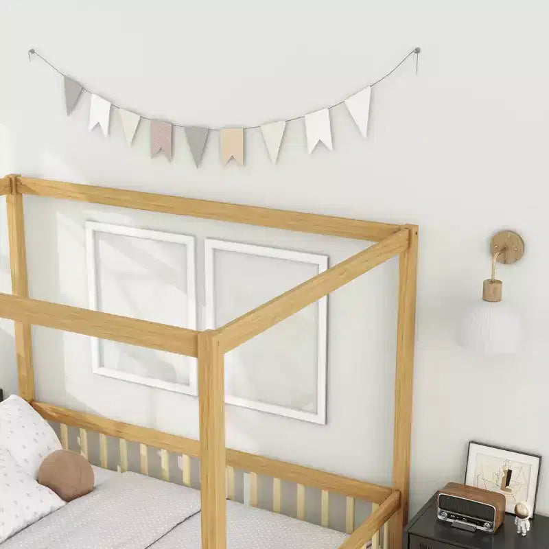 Clihome Full Size Canopy Frame Rubber Wood Floor Bed with Fence,Guardrails
