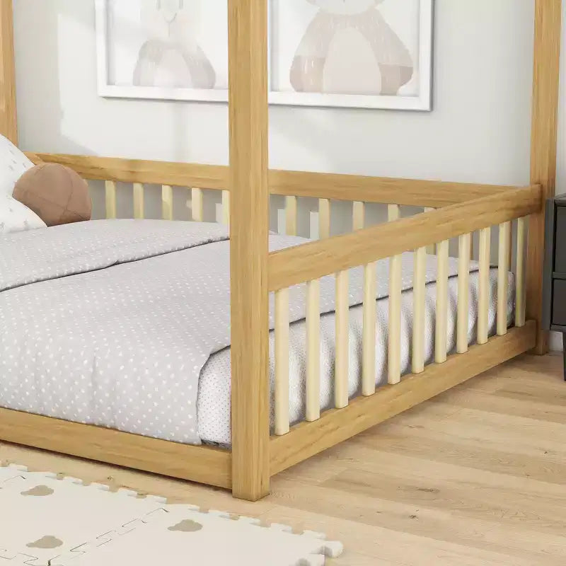 Clihome Full Size Canopy Frame Rubber Wood Floor Bed with Fence,Guardrails
