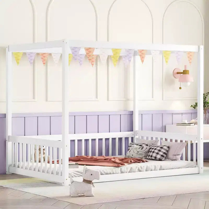 Clihome Full Size Canopy Frame Rubber Wood Floor Bed with Fence,Guardrails