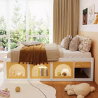 Letto a piattaforma Zeus & Ruta Wood con libreria, mobiletto, luce e cassetto