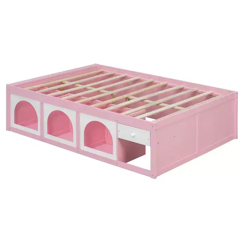 Letto a piattaforma Zeus & Ruta Wood con libreria, mobiletto, luce e cassetto