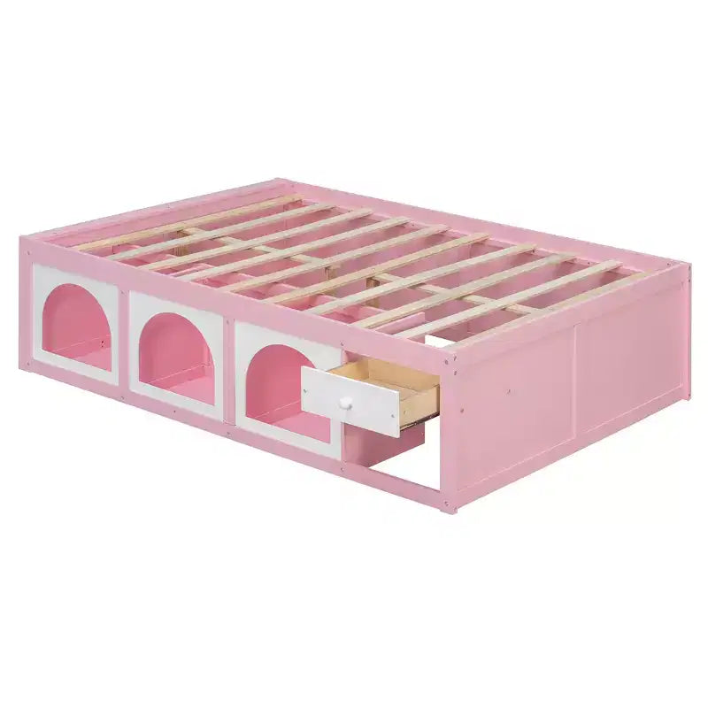 Letto a piattaforma Zeus & Ruta Wood con libreria, mobiletto, luce e cassetto