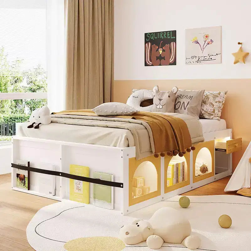 Zeus & Ruta Wood Platform Bed with Bookcase, Storage Cabinet, Light & Drawer