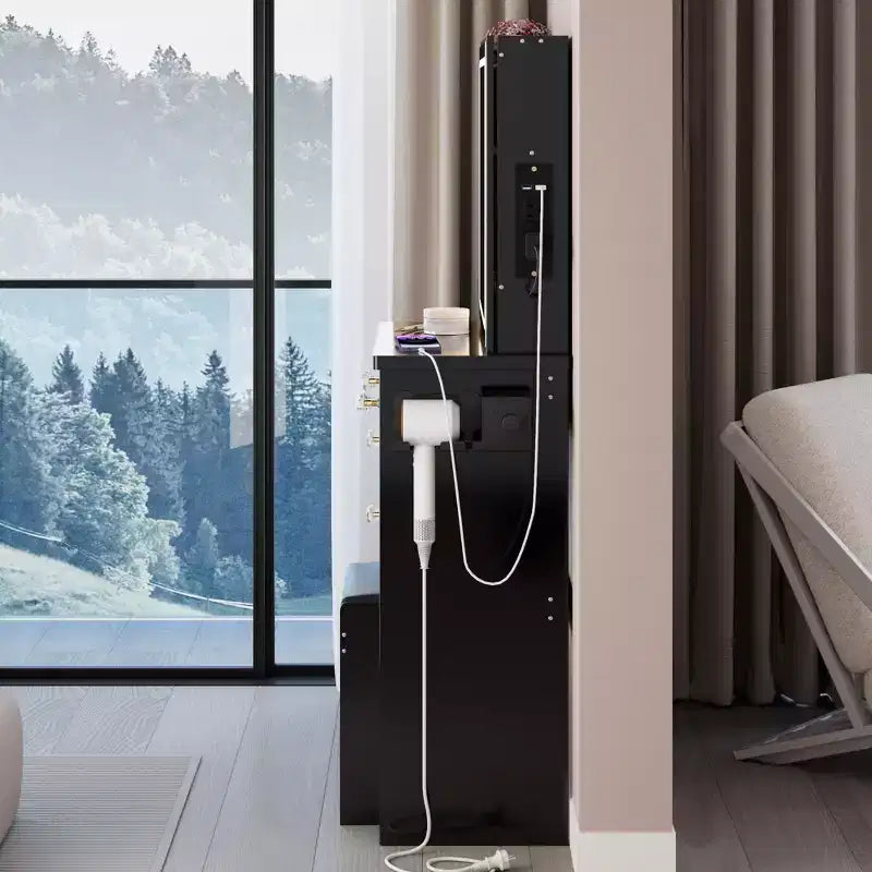 Toeletta di lusso da 94 cm con specchio scorrevole a LED, mobiletto contenitore, hub di alimentazione integrato, supporto per asciugacapelli e mobiletto laterale per camera da letto