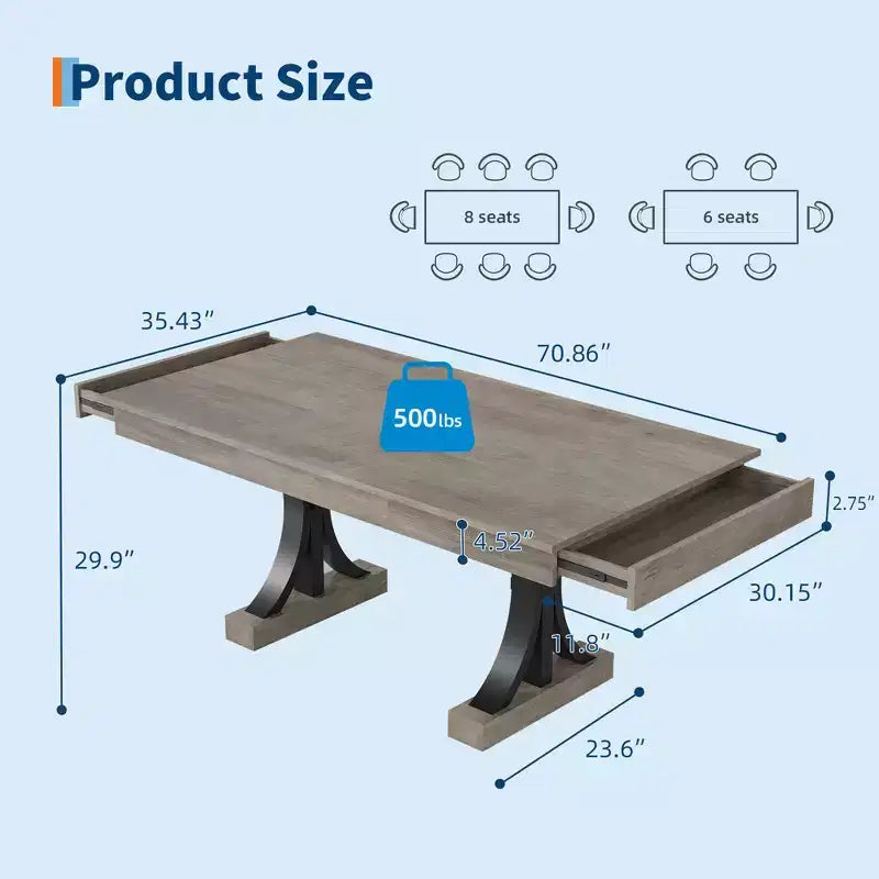 71 Rectangular Wood Dining Table for 6-8 with 2 Storage Drawers and Double Pedestal Base - Dining Room or Home Office Table