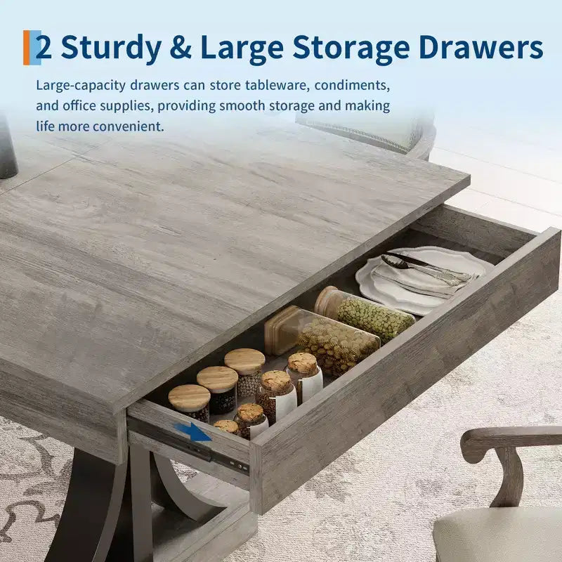 71 Rectangular Wood Dining Table for 6-8 with 2 Storage Drawers and Double Pedestal Base - Dining Room or Home Office Table