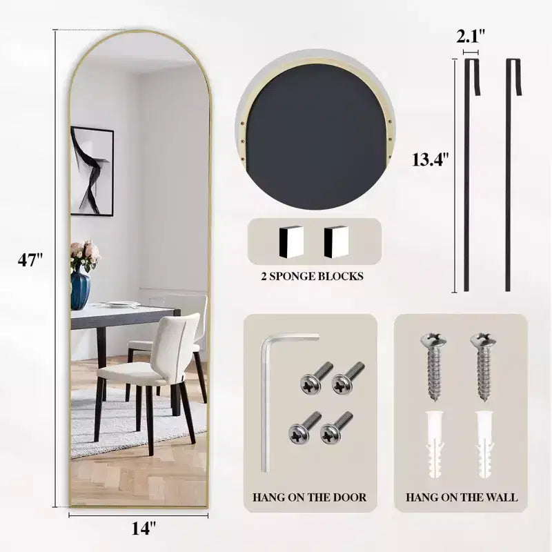 Specchio a figura intera da appendere alla porta 47x14, specchio da parete con cornice in alluminio salvaspazio per camera da letto, soggiorno, ingressi
