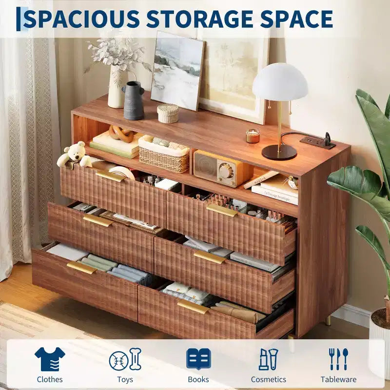 47.2 Wide Drawers Dresser with Gold Handle, Lights and Charging Station for Bedroom