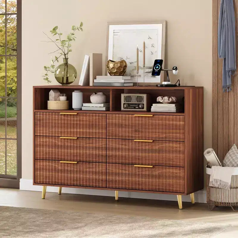 47.2 Wide Drawers Dresser with Gold Handle, Lights and Charging Station for Bedroom