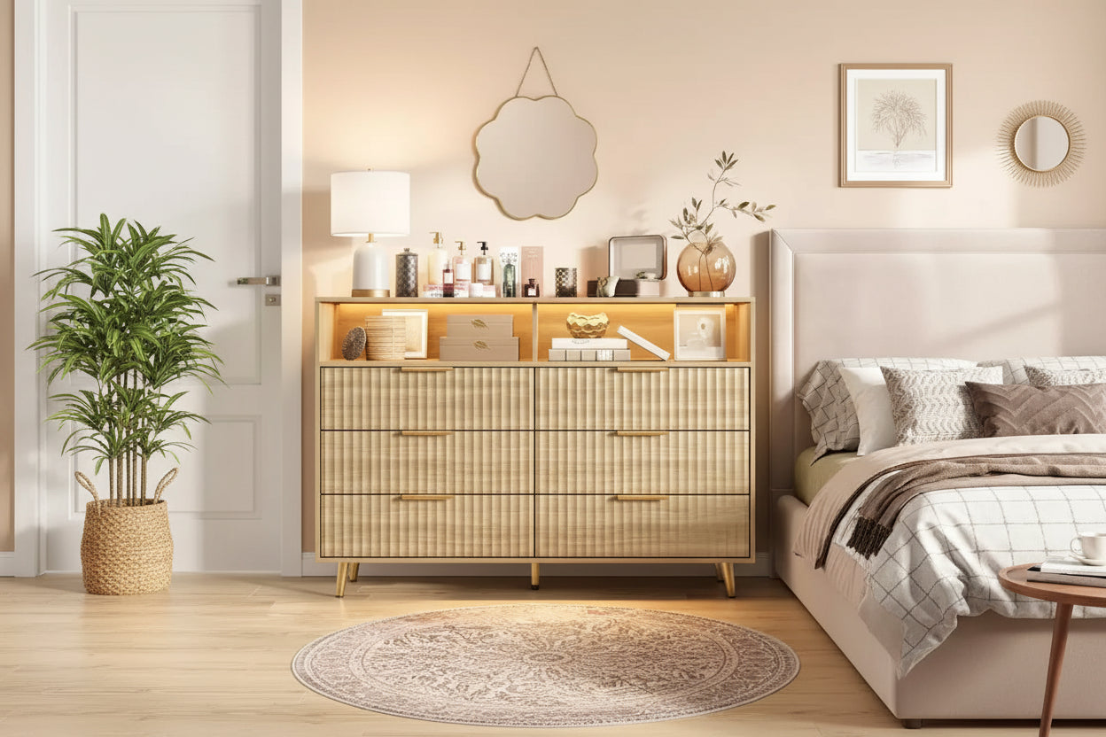 47.2 Wide Drawers Dresser with Gold Handle, Lights and Charging Station for Bedroom