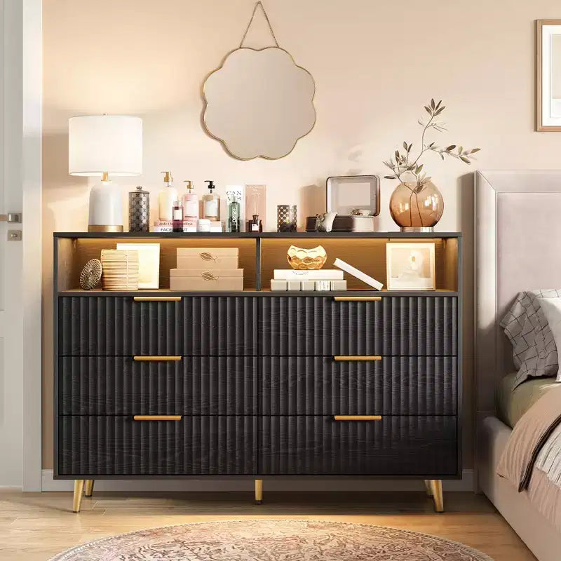 47.2 Wide Drawers Dresser with Gold Handle, Lights and Charging Station for Bedroom