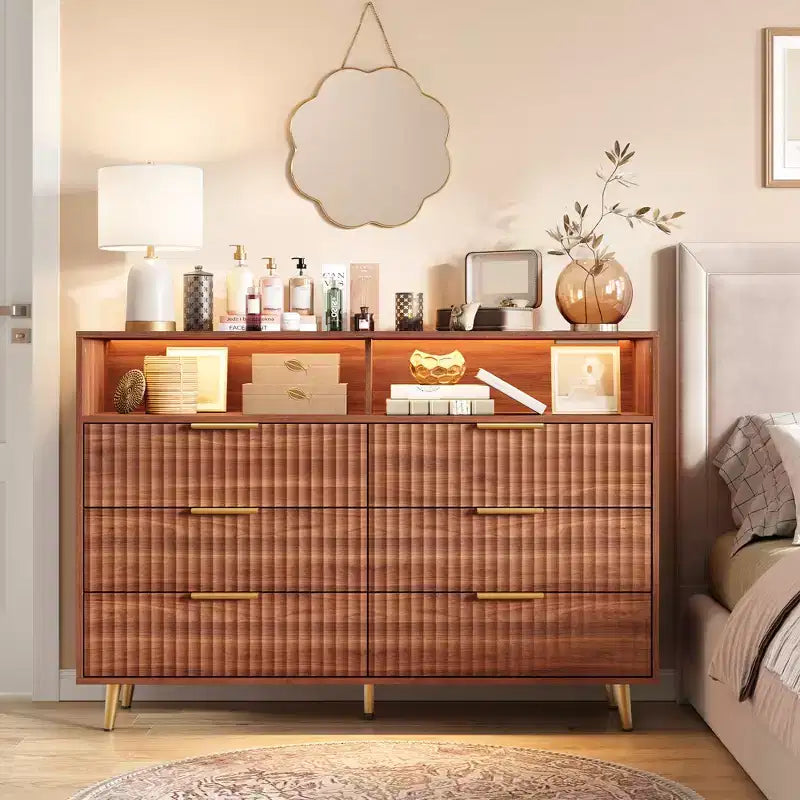 47.2 Wide Drawers Dresser with Gold Handle, Lights and Charging Station for Bedroom