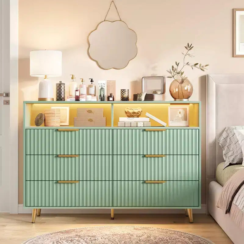 47.2 Wide Drawers Dresser with Gold Handle, Lights and Charging Station for Bedroom