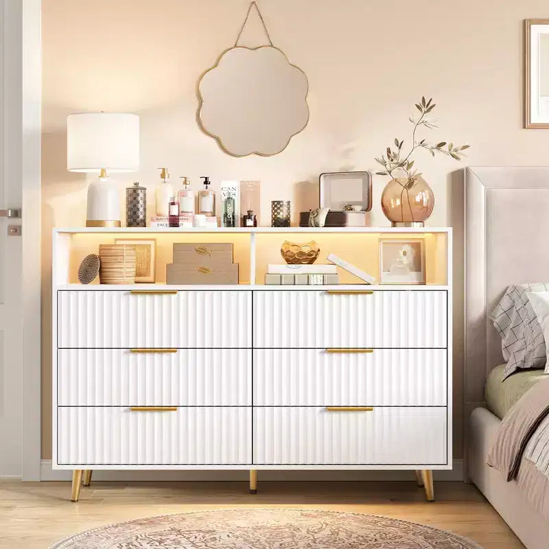 47.2 Wide Drawers Dresser with Gold Handle, Lights and Charging Station for Bedroom