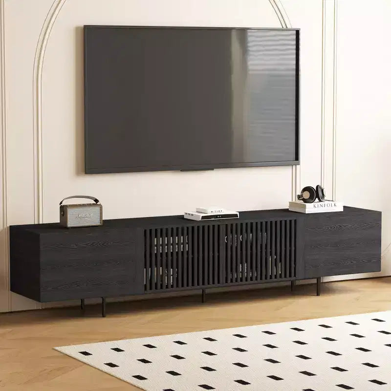 Luck Live 94.48 Black Modern TV Stand with Adjustable Shelves, Soft-Close Hinges & Cable Holes, Metal Legs for Home Living