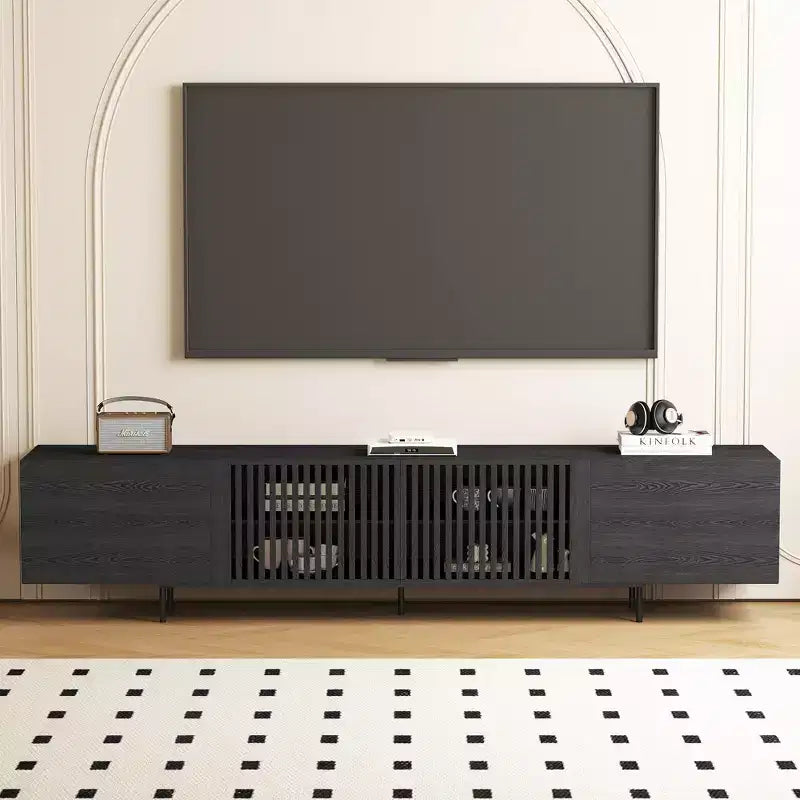 Luck Live 94.48 Black Modern TV Stand with Adjustable Shelves, Soft-Close Hinges & Cable Holes, Metal Legs for Home Living