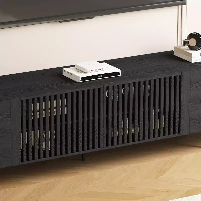 Luck Live 94.48 Black Modern TV Stand with Adjustable Shelves, Soft-Close Hinges & Cable Holes, Metal Legs for Home Living