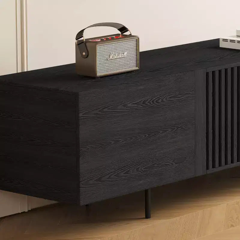 Luck Live 94.48 Black Modern TV Stand with Adjustable Shelves, Soft-Close Hinges & Cable Holes, Metal Legs for Home Living
