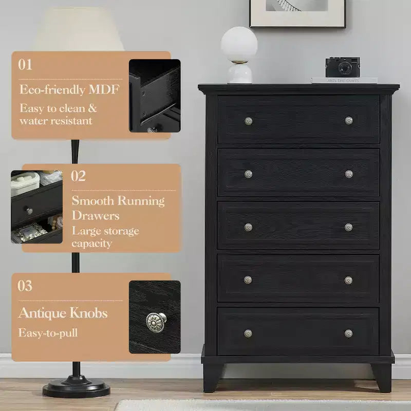 5 Drawer Dresser, Modern Chest of Drawers, 31.5In Wide Storage Tower, Tall Organizer Storage Dresser Cabinet for Nursery Bedroom Entryway Hallway