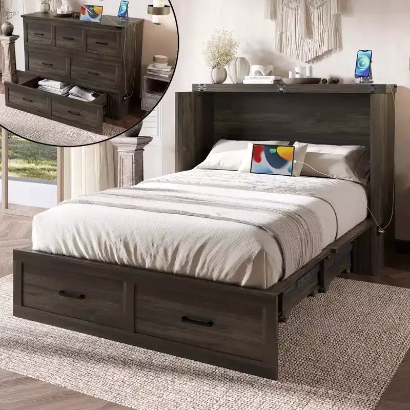 Full Size Foldable Platform Bed With Charging Station, Storage Drawer, Easy Assembly