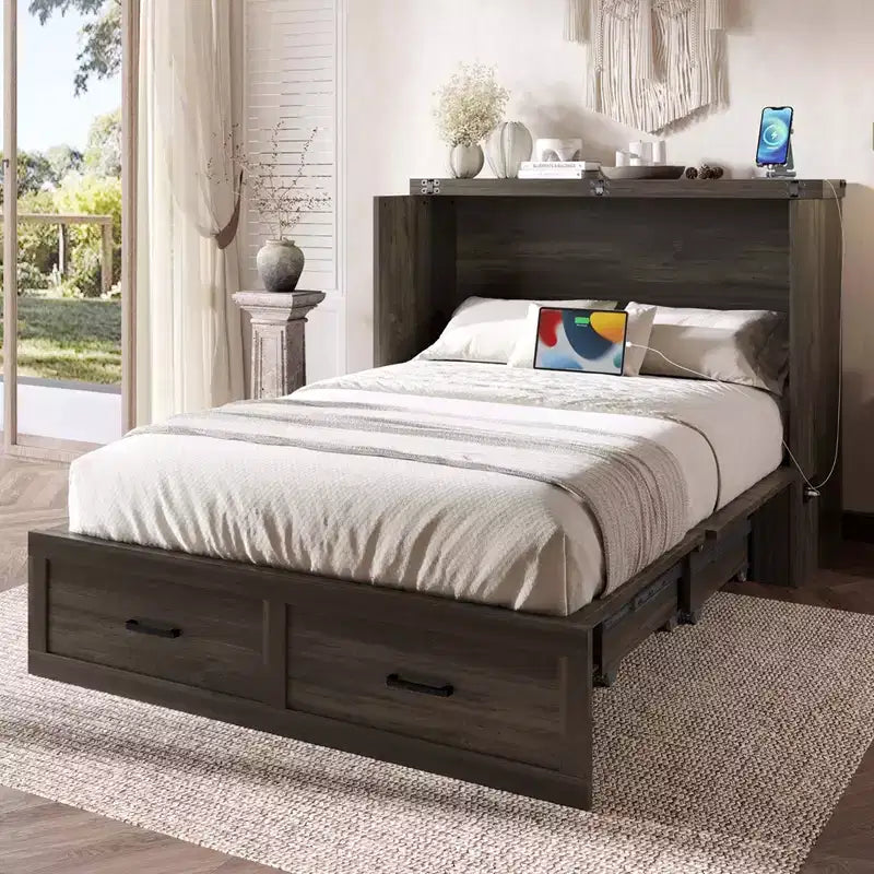 Full Size Foldable Platform Bed With Charging Station, Storage Drawer, Easy Assembly
