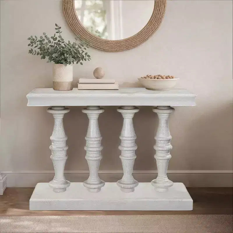 Sofa Console Table, 42 Inch Top, Sandlasted Washed White Mango Wood, Turned Pillar Legs