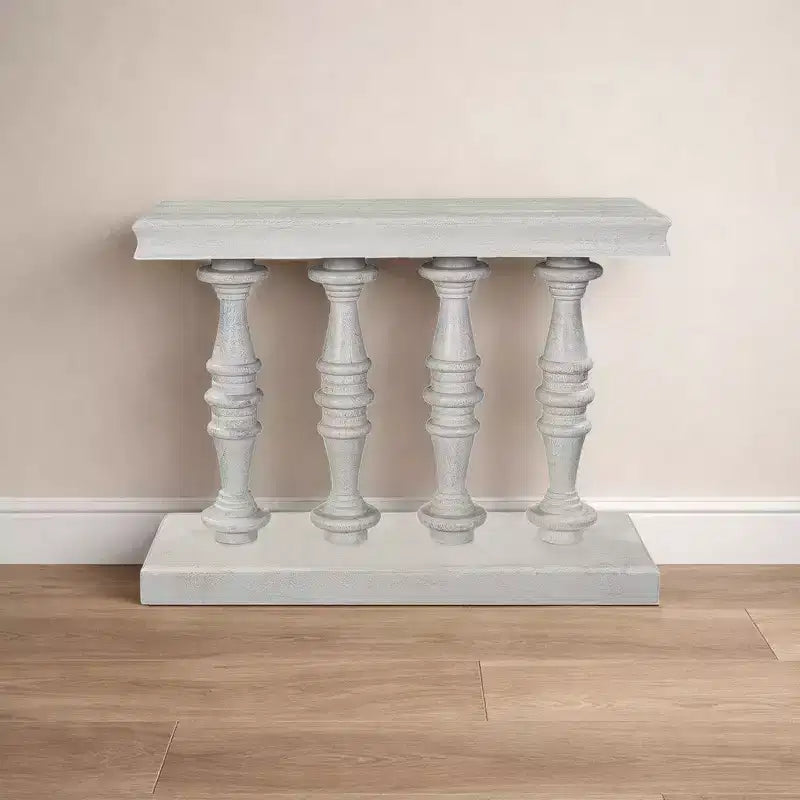 Sofa Console Table, 42 Inch Top, Sandlasted Washed White Mango Wood, Turned Pillar Legs