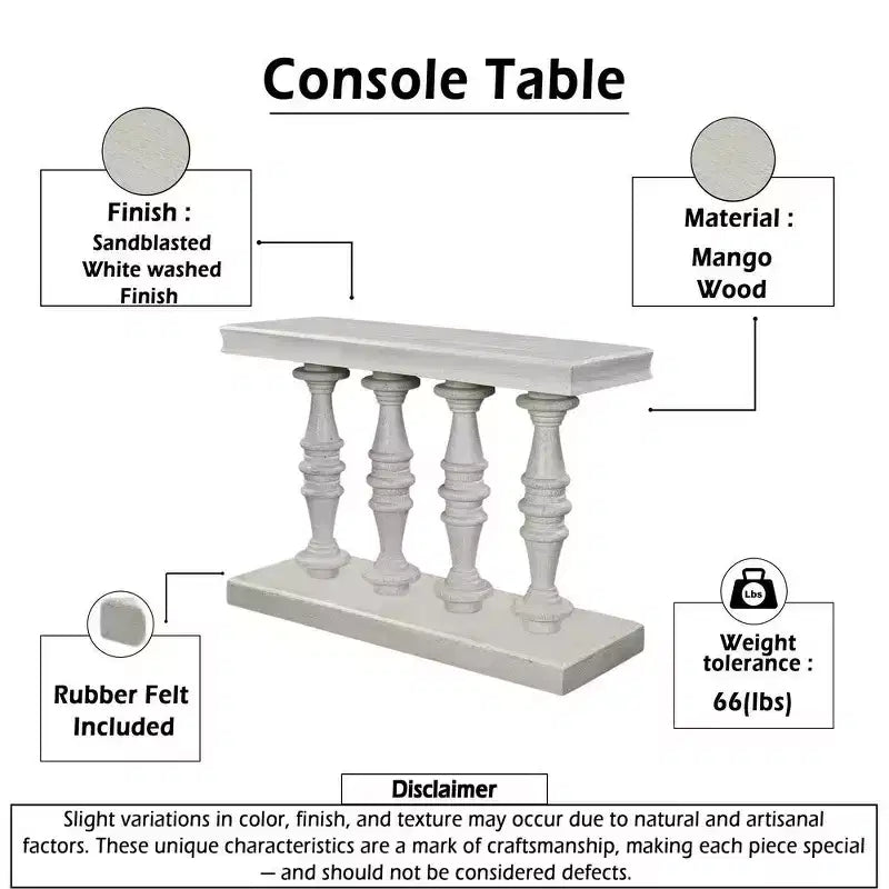 Sofa Console Table, 42 Inch Top, Sandlasted Washed White Mango Wood, Turned Pillar Legs